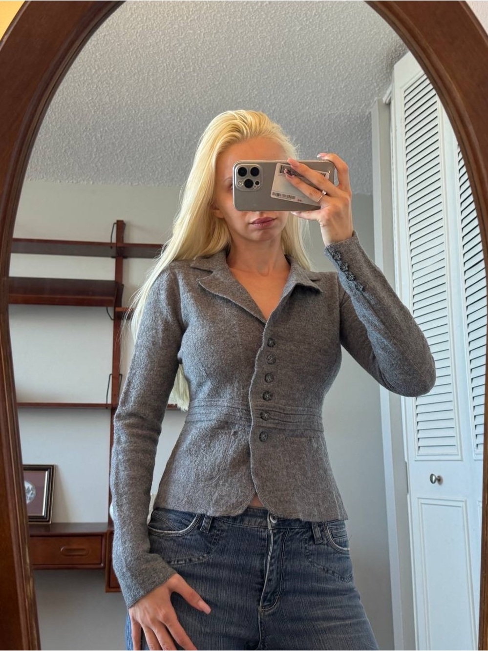 Mexx Gray Tailored Button-Front Wool Cardigan